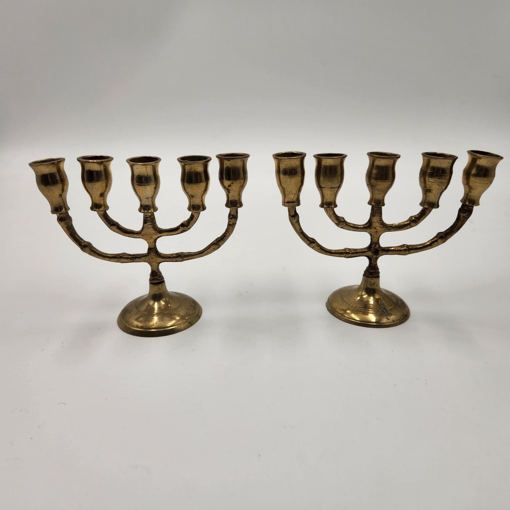 VTG Brass 5 Arm Candelabra Menorah Pair India Bamboo Style 4.5x6.5" Holiday